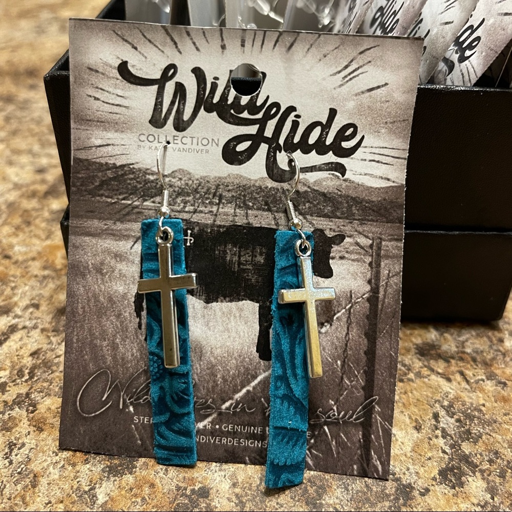Teal Stamped cowhide cross sterling silver earrings
